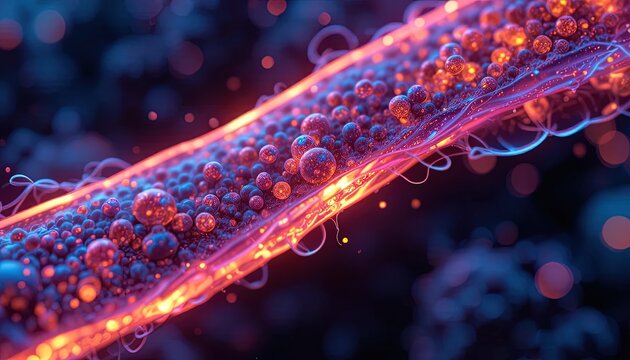 Mesmerizing microscopic world with vibrant, flowing structure and glowing details perfect for science, technology, or innovative concepts