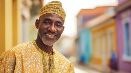 A man in traditional attire smiles during Kwanzaa Generative AI