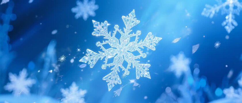 Floating Snowflake Cluster, Intricate Ice Crystals, Winter Wonderland Background, Digital Illustration, Blue Night Sky Environment, Macro Close-up Viewpoint, Magical Frosty Concept