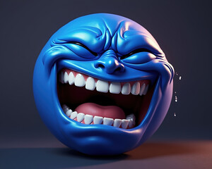 Naklejka premium Blue emoji face with exaggerated laughter. Cartoon illustration of joy and humor