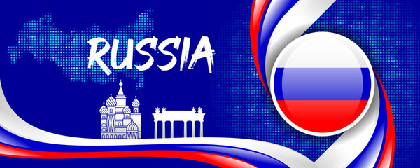 Russia Flag with Map and Famous Landmarks in Tricolor Abstract Background