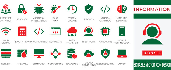 Minimal clean filled information technology icon set featuring digital systems, networking, cybersecurity, devices, and modern tech solutions.