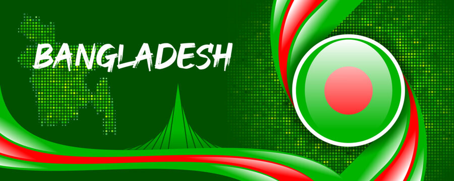 Bangladesh Flag with Map and Famous Landmarks in Green and Red Abstract Background - Powered by Adobe