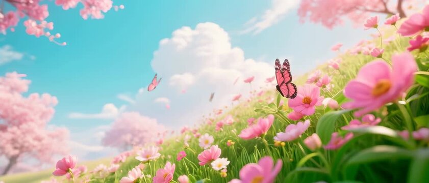 Fluttering Butterflies, Vibrant Pink Cherry Blossoms and Flowers, Lush Green Hillside Meadow, Digital Art, Whimsical Spring Paradise, Wide-Angle Scenic View, Serene Natural Beauty Concept