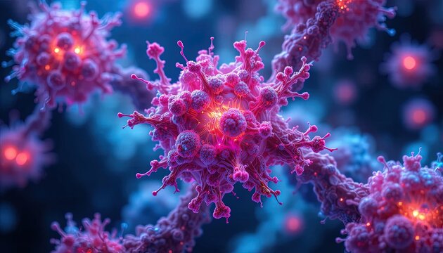 Stunning detailed view of a virus cell structure with glowing highlights, perfect for illustrating medical breakthroughs and scientific research advancements