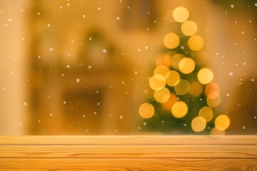 Empty Wooden Table Top with Warm Christmas Living Room Decor and Snowy Holiday Blur Background