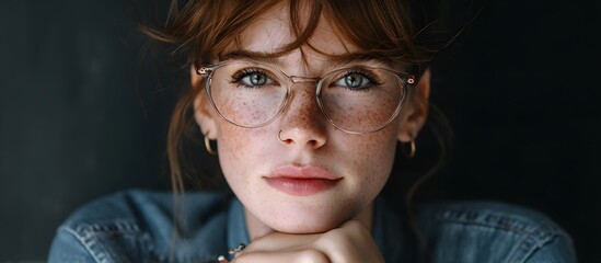 Portrait of a confident woman with freckles and glasses