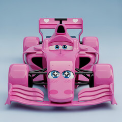 Adorable pink race car with big blue eyes and heart details, perfect for fun designs