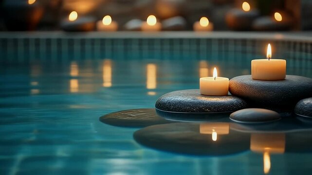 Serene spa atmosphere with lit candles floating on stones in tranquil water.