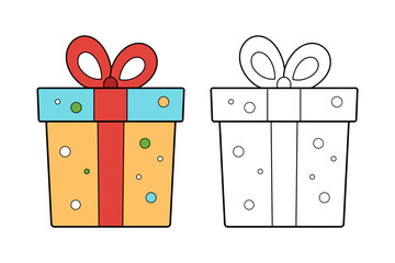 Festive gift box with ribbon and bow, coloring page for children