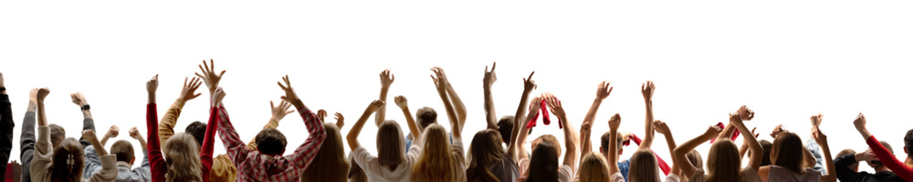 Cheering crowd with raised arms expressing excitement on transparent background. Concept of mass participation for events, sports visuals, promotional materials.