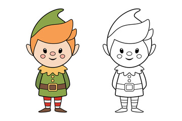 Cute cartoon elf character standing, with colored and outline versions for children to color