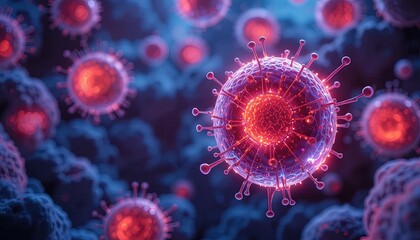 Microscopic view of vibrant virus cells for medical research and healthcare solutions, promoting awareness and scientific discovery in a modern world