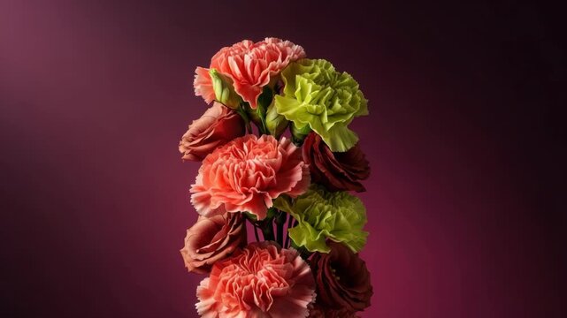 Elegant bouquet of colorful carnations and eustoma flowers on a rich magenta background. Moody floral composition perfect for a romantic banner or greeting card