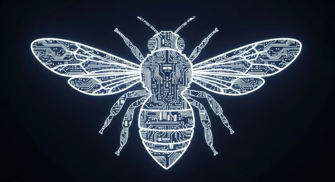 Futuristic robotic bee illustration with glowing digital circuit board patterns on a dark background.