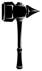 A black and white illustration of a hammer, black, drill, hammer, icon, illustration, profile, screwdriver, tool, against transparent background
