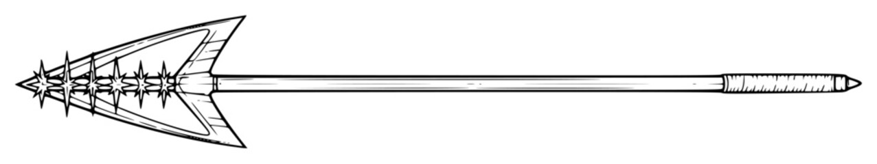 A black and white line drawing of a spearhead, arrow, blade, boat, dart, drawing, illustration, oar, pencil, propeller, sketch, spear, tool, weapon, against transparent background