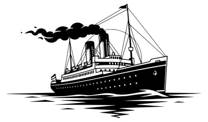 A black and white illustration of a large ship with smoke coming out of it, black, boat, cruise ship, illustration, profile, sail, sea, smoke, vessel, water, against transparent background
