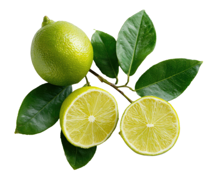 Green citrus fruit and leaves on black background