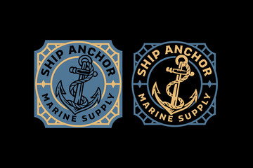 Anchor ship retro badge logo vector design set for adventure. Mooring anchor vintage patch illustration pack for sailing. Nautical anchor emblem sticker element design for coastal outdoor