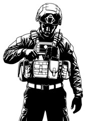 A black and white illustration of a soldier wearing a tactical vest and a helmet, armor, black, gun, helmet, illustration, man, rifle, shield, soldier, weapon, against transparent background