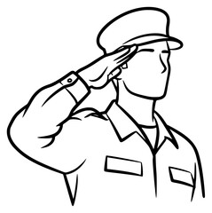 A line drawing of a soldier saluting, wearing a military uniform, army, beret, guard, hand, hat, man, officer, profile, salute, soldier, sun hat, talk, uniform, wear, against transparent background
