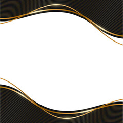Black and gold wave frame background. Elegant wavy lines with metallic highlights curve around empty center for text placement. Luxury border template. Vector illustration.