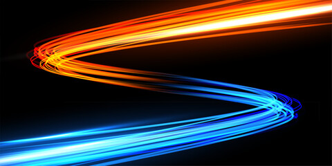Curved orange and blue light trails on black background. Bright glowing energy streaks with motion blur and vivid highlights. Dynamic vector illustration for digital, speed, technology, sci-fi themes. © Mariquita vector