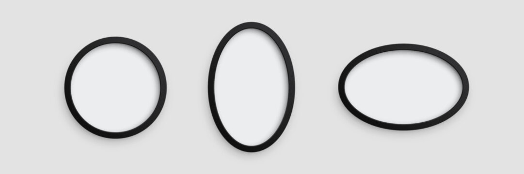 Photo frames. Black certificate or picture minimalist frames of round and oval shapes isolated on light . Empty gallery mockup. 3d realistic vector illustration.