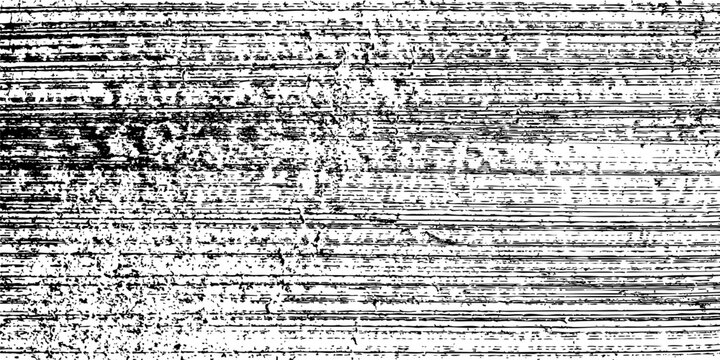 Grunge horizontal lines texture background. Distressed black scratch pattern resembling static noise or wood grain. Vintage TV glitch effect. Vector illustration.