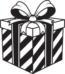 A bold black and white line art illustration of a striped holiday present with a ribbon.
