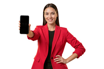 Smiling woman presenting smartphone in red blazer
