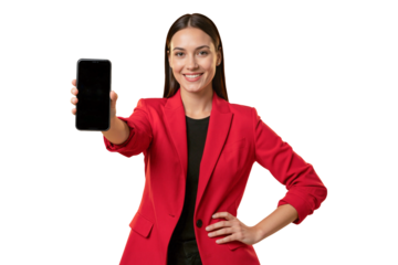 Smiling woman presenting smartphone in red blazer