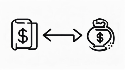 Icon depicting financial transaction money bills exchanging with a dollar-signed money bag, two-way arrow