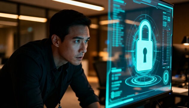 Cybersecurity Analyst Reviewing Data Protection Dashboard - For IT security services