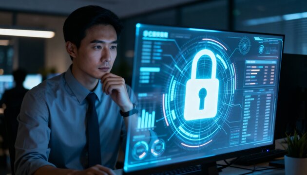 Cybersecurity Analyst Reviewing Data Protection Dashboard - For IT security services - Powered by Adobe