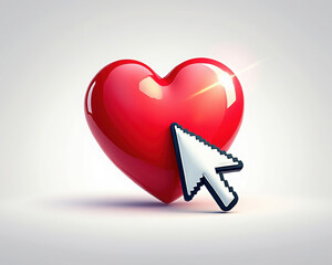 3d rendered shiny heart with mouse pointer on light background perfect for click concepts
