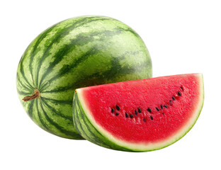 A fresh watermelon with a slice showing vibrant red flesh and black seeds