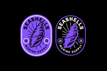 Ocean shell retro badge logo vector design set for shoreline. Conch marine shell vintage patch illustration pack for beach adventure. Seashell coastal emblem sticker element design for seaside outdoor
