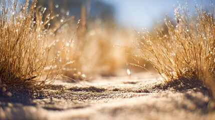 Golden dry grass illuminated by sunlight on a sandy ground creating a serene and warm natural landscape with soft focus and blurred background details