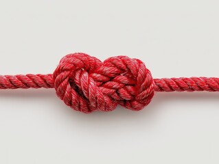 Red rope knot isolated on pastel background, top view of horizontally tied twine with interconnected ends forming intricate knot symbolizing strength and unity in nature or sports.