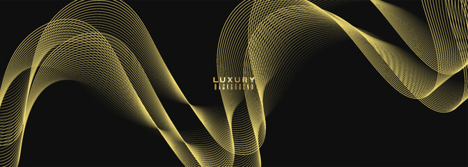 Abstract luxury with shining gold lines waves on black background. Futuristic background of flowing gold lines for banner. modern trendy design