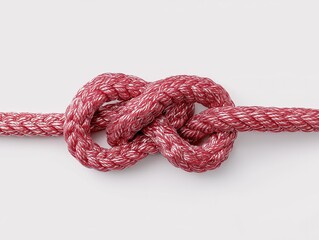Intricate red rope knot with horizontally tied twine and interconnected ends on pastel background, symbolizing strength and unity for nature or sports themes, top view.