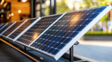 modern hardware store with solar panels display and renewable energy products for construction, eco friendly building concept with copy space