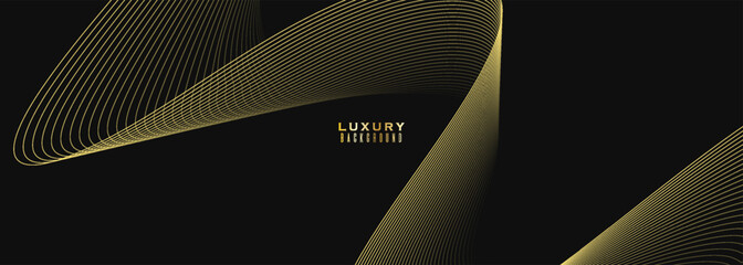 Abstract luxury with shining gold lines waves on black background. Futuristic background of flowing gold lines for banner. vector illustration