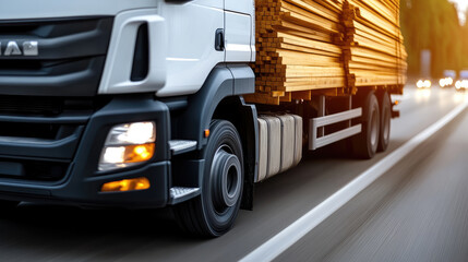 Naklejka premium delivery truck transporting building materials on highway, logistics and supply chain concept in motion