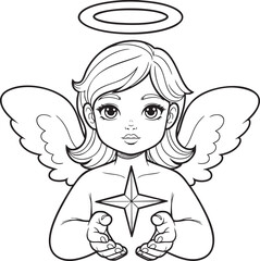 Cute cartoon angel girl with a halo and wings holding a shining fourpointed star.