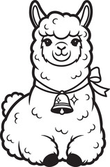 Cute sitting llama with fluffy wool a smiling face and a ribbon collar with a sparkling bell.
