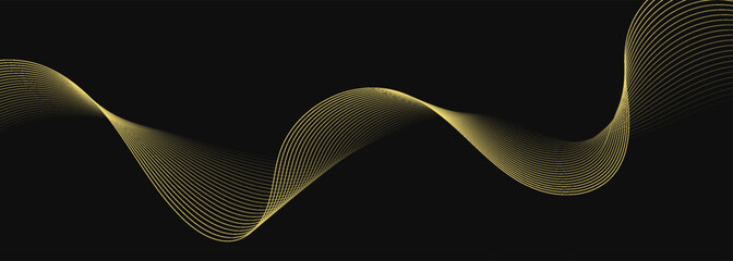 Abstract luxury with shining gold lines waves on black background. Futuristic background of flowing gold lines for banner,