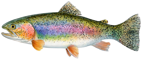 A vibrant, detailed illustration of a rainbow trout swimming